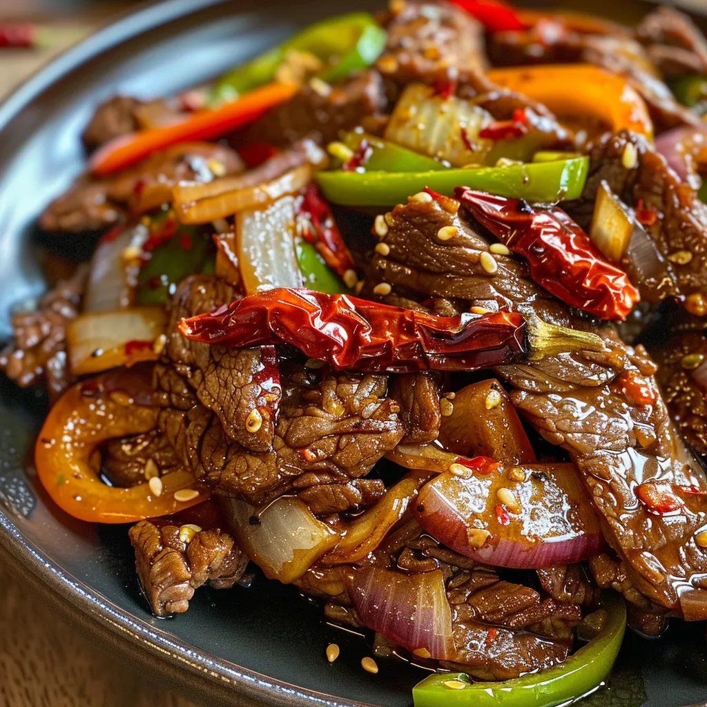 Dish of Szechuan beef showcasing shiny, sauce-glazed meat and fresh colorful bell peppers.