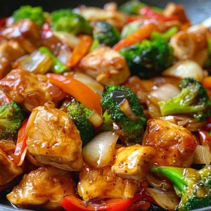 Detailed image of a colorful stir fry featuring chicken, broccoli florets, and red bell pepper in a savory sauce.