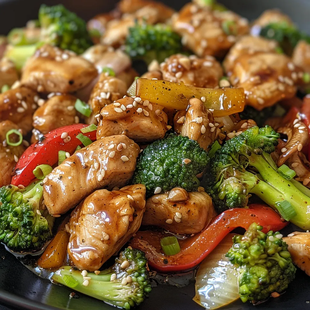 Close-up of Teriyaki Chicken Stir Fry highlighting the delicious, glossy sauce and fresh ingredients.