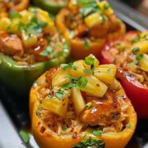 Side view of baked stuffed peppers topped with melted cheese and sauce.