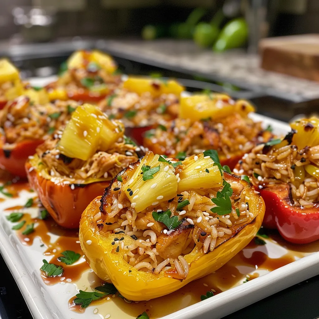 Vibrant bell peppers filled with a savory and sweet chicken mixture.