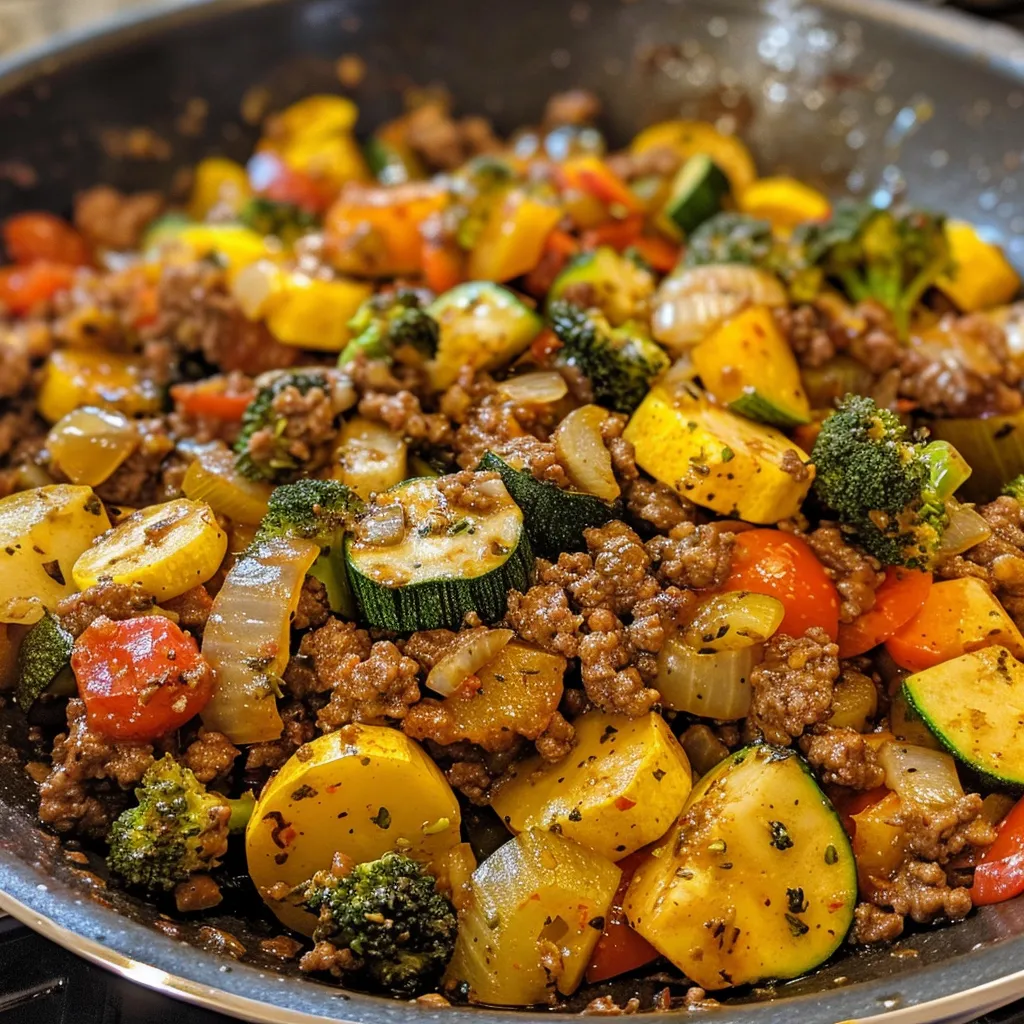Delicious Vegetable Beef Skillet featuring richly colored vegetables and beef.