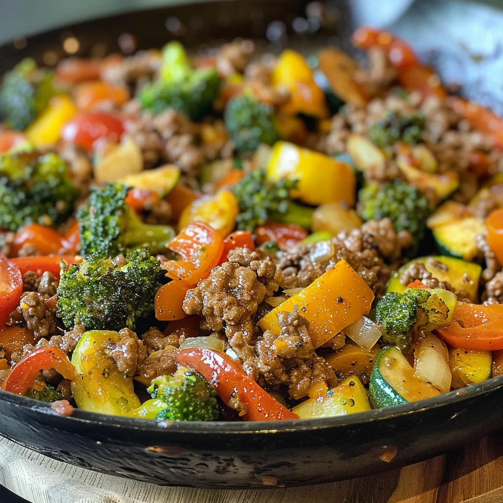 Side view of a hearty Vegetable Beef Skillet, showcasing diced veggies and ground meat.