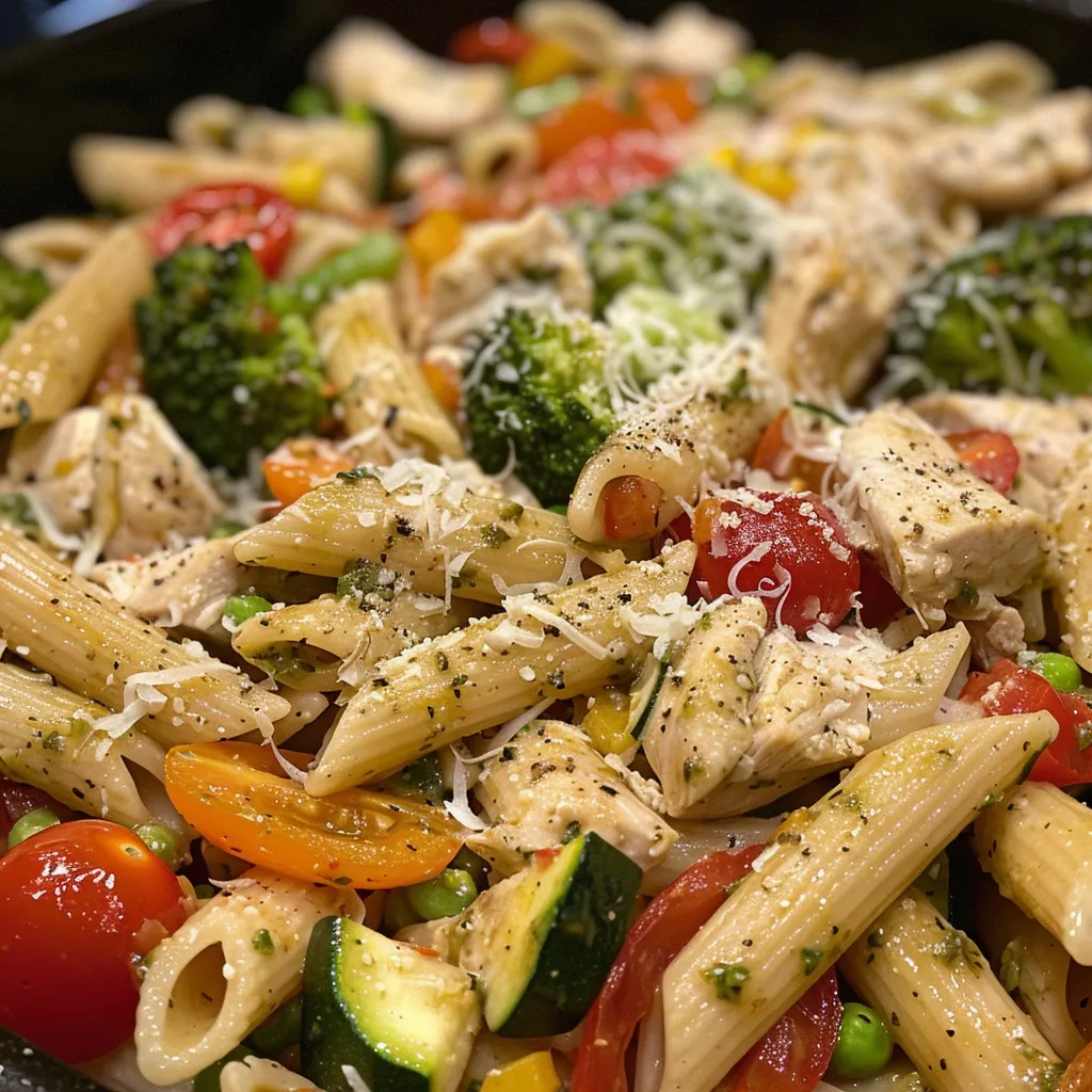 Side view of Chicken Pasta Primavera showcasing fresh vegetables and tender chicken pieces.