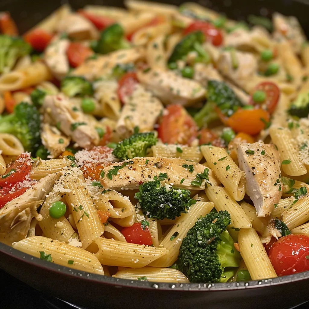 Juicy Chicken Pasta Primavera topped with grated parmesan and fresh herbs.