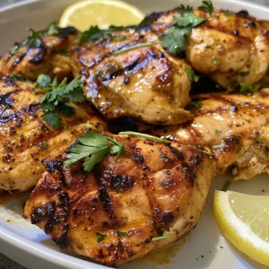 Tantalizing shot of yogurt marinated chicken thighs, showcasing vibrant seasoning and garnishes.