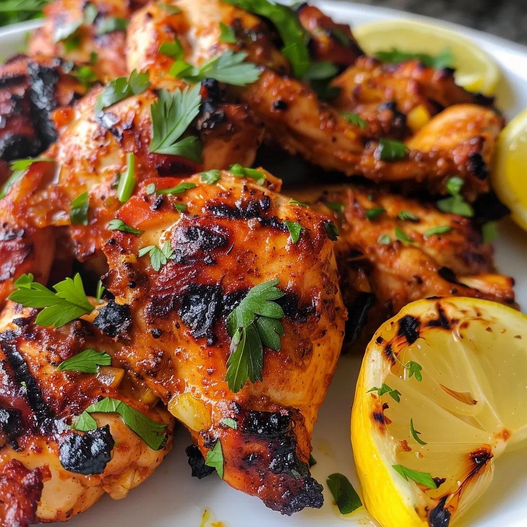 Detailed image of yogurt marinated chicken, featuring lemon wedges and a fresh herb garnish.
