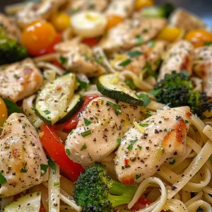 Juicy chicken pasta primavera with bright green broccoli, asparagus, and a sprinkle of Parmesan cheese on top.