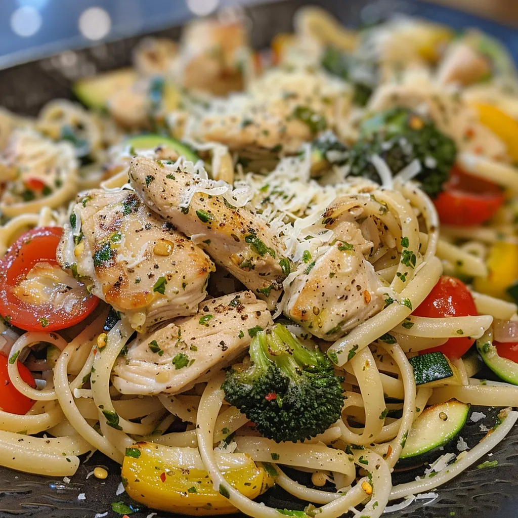 An appetizing plate of Zesty Lemon Herb Chicken Pasta Primavera, highlighting fresh ingredients and a rich color palette.