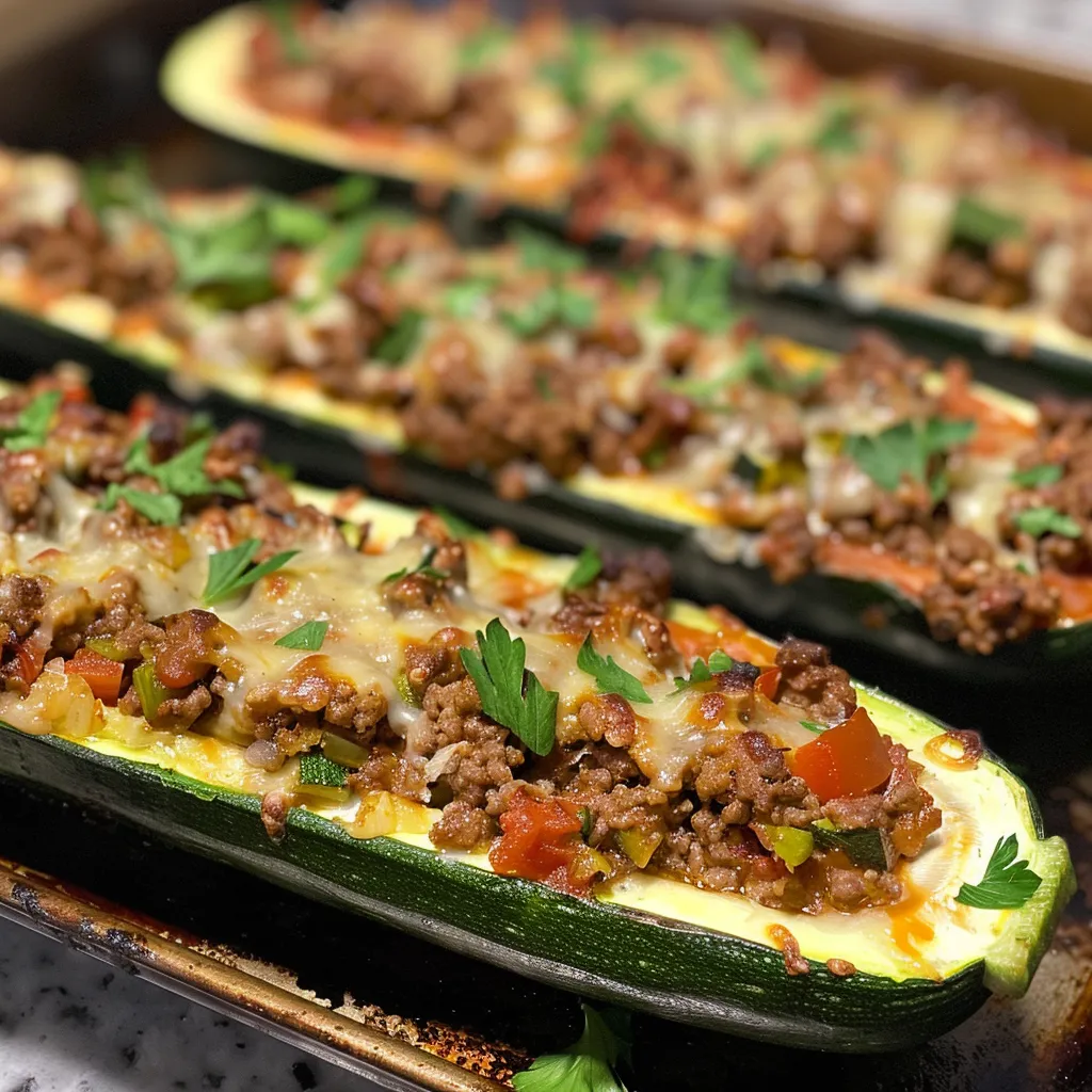 Juicy zucchini halves loaded with a savory ground beef mixture and cheese, captured on a plate.