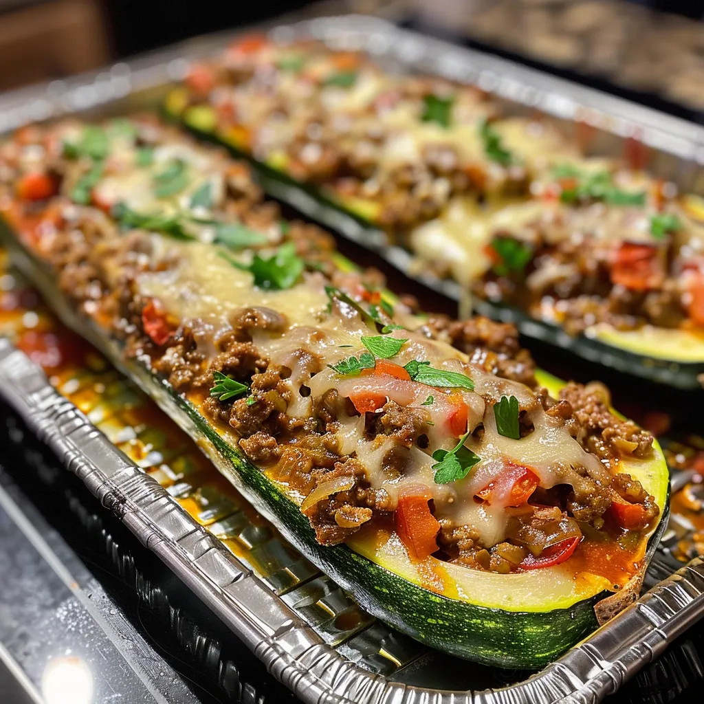 Colorful zucchini boats with ground beef, diced vegetables, and melted cheese, arranged attractively.