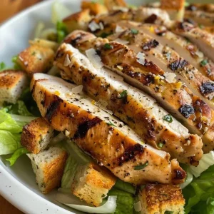 Side view of a delicious chicken caesar salad with crisp lettuce and golden-brown croutons.