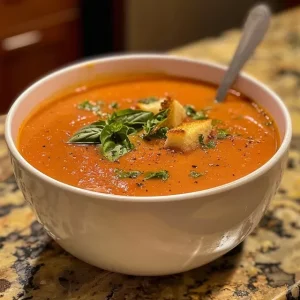 Rich, red tomato basil soup served in a rustic bowl, with a swirl of olive oil.