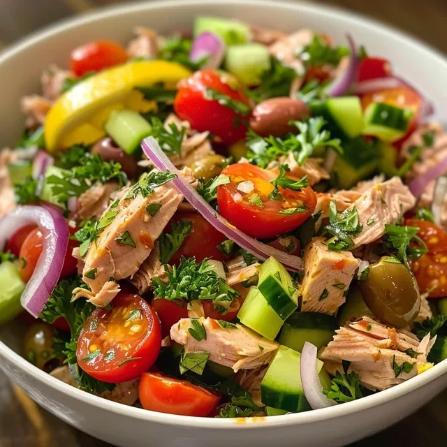 Juicy Mediterranean tuna salad with chopped cucumbers, tomatoes, and olives displayed in a bowl.