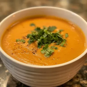 Detailed shot of Carrot Ginger Soup, highlighting the rich orange color and ingredients visible on top.