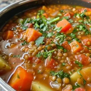 Freshly prepared vegan lentil soup showcasing colorful carrots, green beans, and parsley.