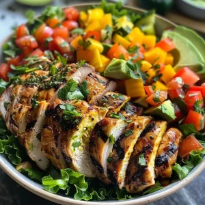 Juicy grilled chicken atop a bed of lettuce and assorted veggies in a power bowl.