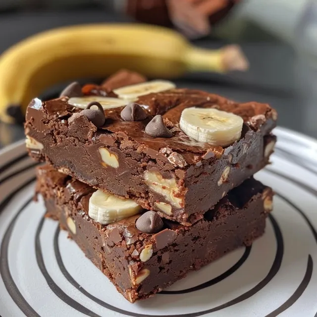 Juicy, dense banana brownies with a glossy top, displayed on a white plate.