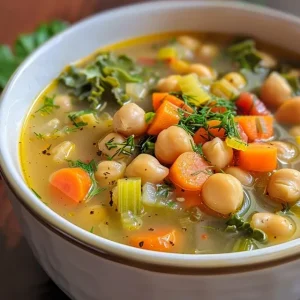 Detailed image of a bowl filled with Lemony Greek Chickpea Soup, featuring lemon slices and fresh herbs.