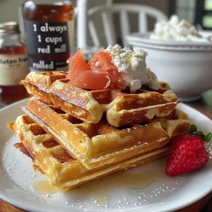Deliciously plated gluten-free cottage cheese waffles with a golden crust and creamy toppings.