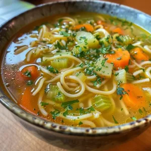 Bowl of hearty vegetable noodle soup showcasing colorful veggies and noodles, garnished with parsley.