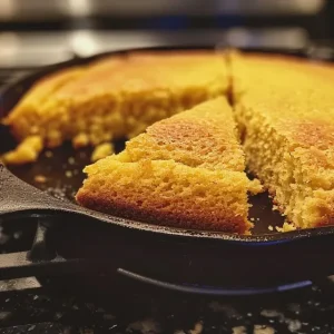 Juicy stovetop cornbread displayed with a rustic background.