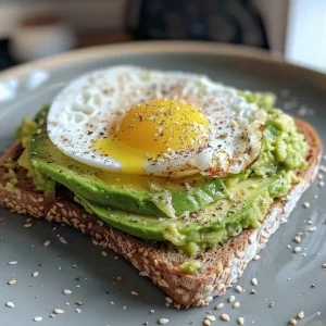 Juicy avocado spread on whole-grain toast with a sunny-side-up egg, sprinkled with seasoning.