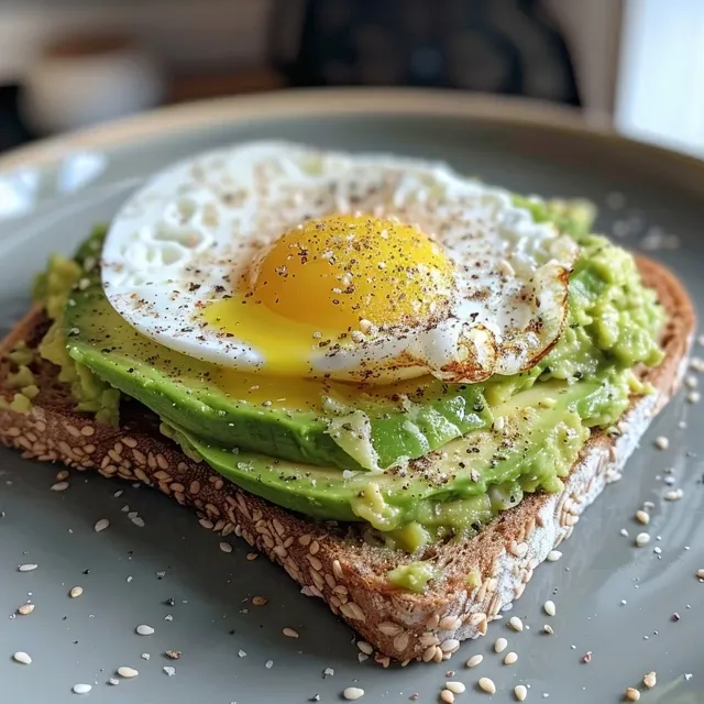 Juicy avocado spread on whole-grain toast with a sunny-side-up egg, sprinkled with seasoning.
