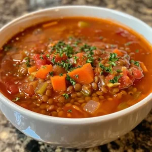 Detail shot of Tomato Lentil Soup rich in color, showcasing chunks of tomatoes and carrots.