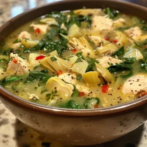 A vibrant bowl of Chicken Spinach Artichoke Soup, featuring a mix of green spinach and tender chicken pieces.