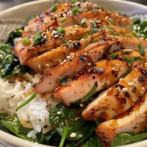 Detailed image of a hearty turkey and spinach rice bowl, emphasizing the meat, greens, and rice texture.
