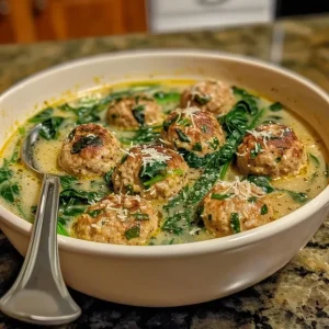 Side view of a steaming bowl of Turkey Meatball Spinach Soup, highlighting its hearty ingredients.