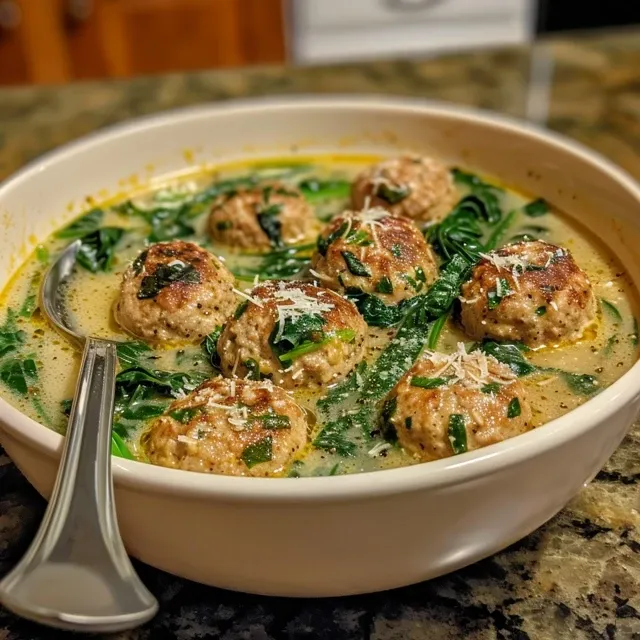 Side view of a steaming bowl of Turkey Meatball Spinach Soup, highlighting its hearty ingredients.