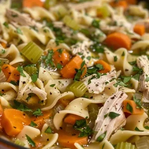 Detailed side view of a hearty serving of Chicken Noodle Soup, highlighting the texture of egg noodles and fresh ingredients.