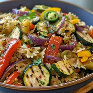 A delicious serving of pasta salad showcasing grilled vegetables and garnished with parsley.