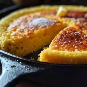 Juicy and fluffy skillet cornbread, highlighting its moist interior and crunchy top.