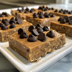 Layered No Bake Peanut Butter Oatmeal Bars with a smooth peanut butter finish.