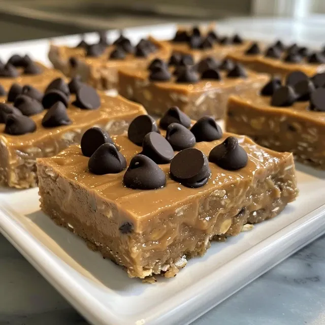 Layered No Bake Peanut Butter Oatmeal Bars with a smooth peanut butter finish.