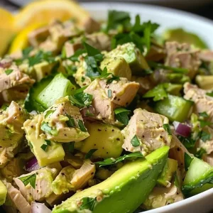 Side view of a vibrant avocado tuna salad featuring cucumbers and herbs.