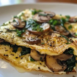 Juicy omelet showcasing melted cheese, sautéed mushrooms, and fresh spinach.