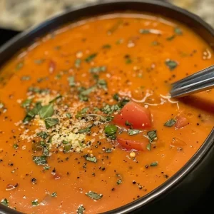 A side view of smooth, creamy tomato soup, showcasing its shiny texture and garnishes.
