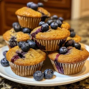 Delicious protein muffins filled with fresh blueberries, displayed on a rustic surface.