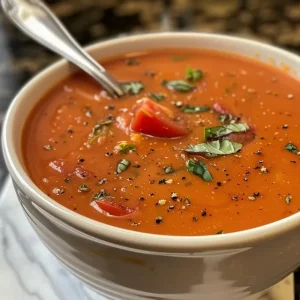 A rich and creamy roasted tomato basil soup served in a bowl, highlighting fresh ingredients.
