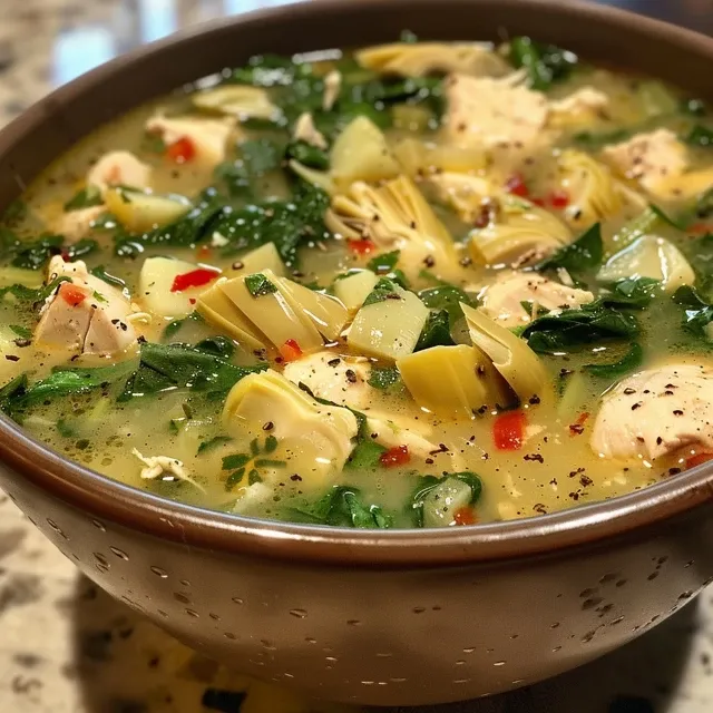 A vibrant bowl of Chicken Spinach Artichoke Soup, featuring a mix of green spinach and tender chicken pieces.