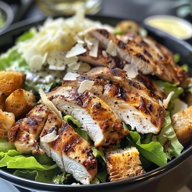 A detailed look at a chicken caesar salad showcasing marinated chicken, fresh ingredients, and dressing.