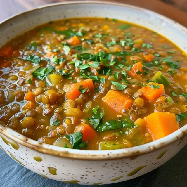 Close photograph of a creamy Moroccan lentil soup filled with greens and spices.