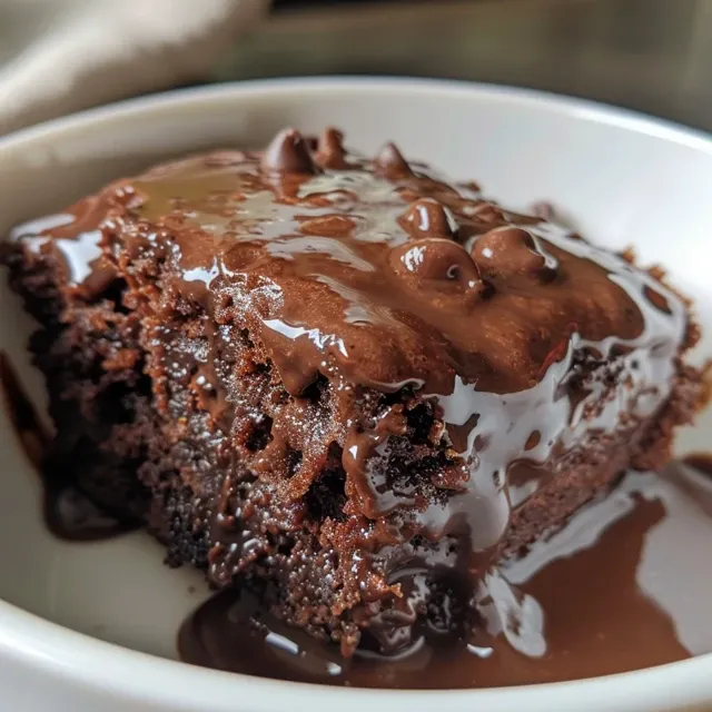 Delicious chocolate mug cake in a ceramic mug, showcasing a tempting chocolatey surface.