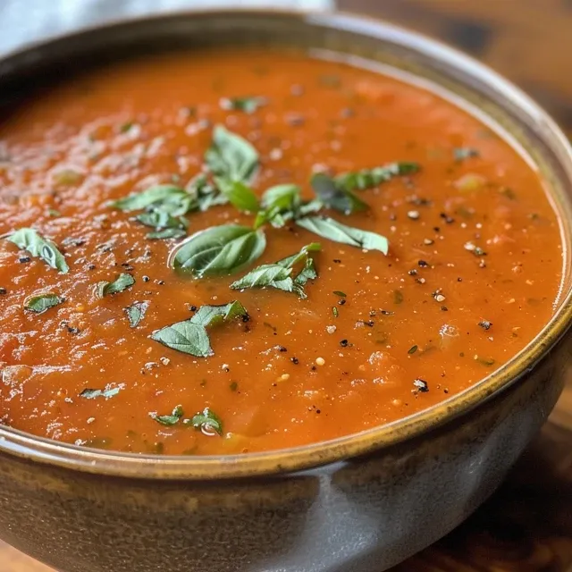 Lush tomato basil soup with diced tomatoes and basil leaves, set on a wooden table.