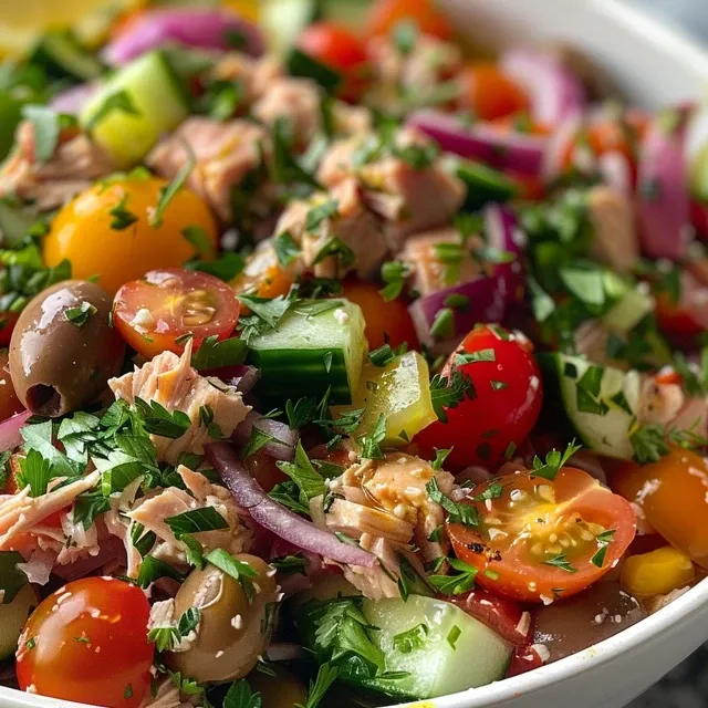 Vibrant Mediterranean tuna salad showing a mixture of tuna, cherry tomatoes, and greens.