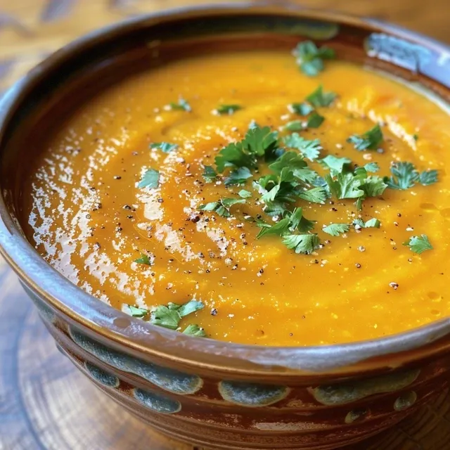 A warm bowl of Carrot Ginger Soup, decorated with fresh herbs, captured from a side angle.
